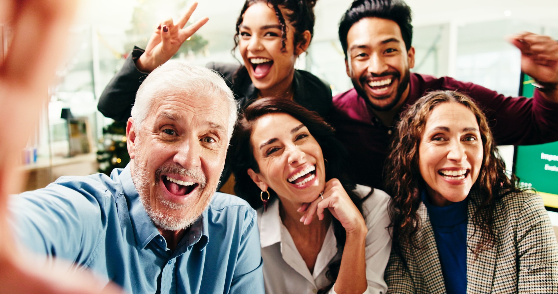 Selfie, smile and portrait of business people in office for about us, memory or company social media. Happy, team building and financial employees with photography picture POV for bonding together.